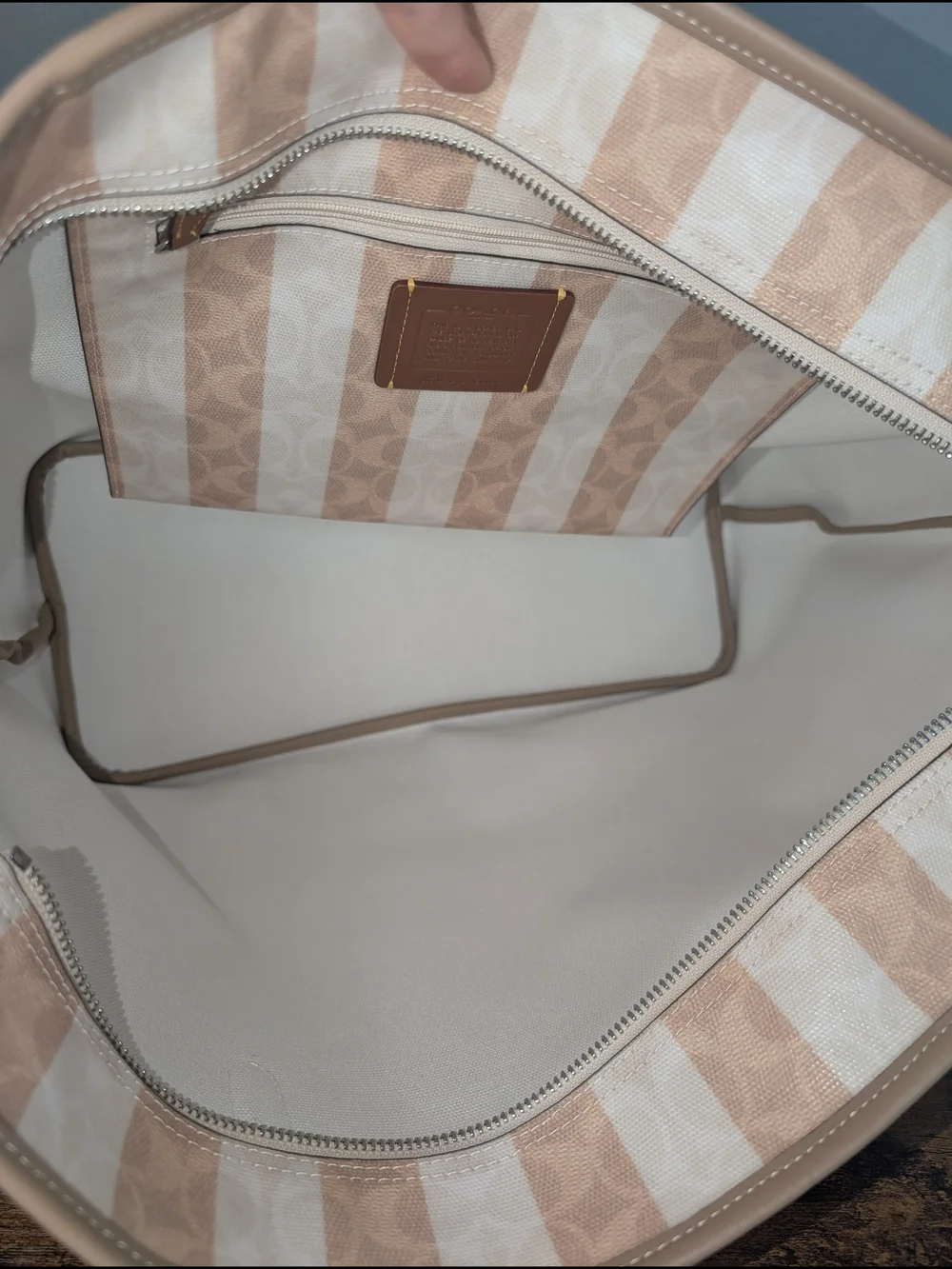 Coach Beige & White Stripe Signature Tote